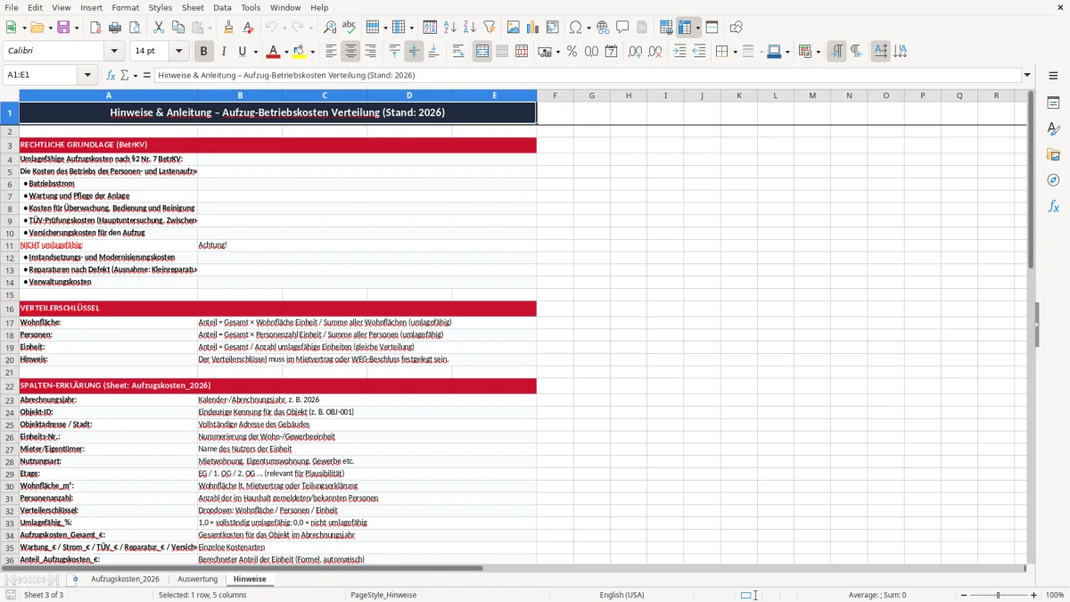 Skärmbild 3: fliken Hinweise - Excelmall aufzug betriebskosten verteilung excel vorlage