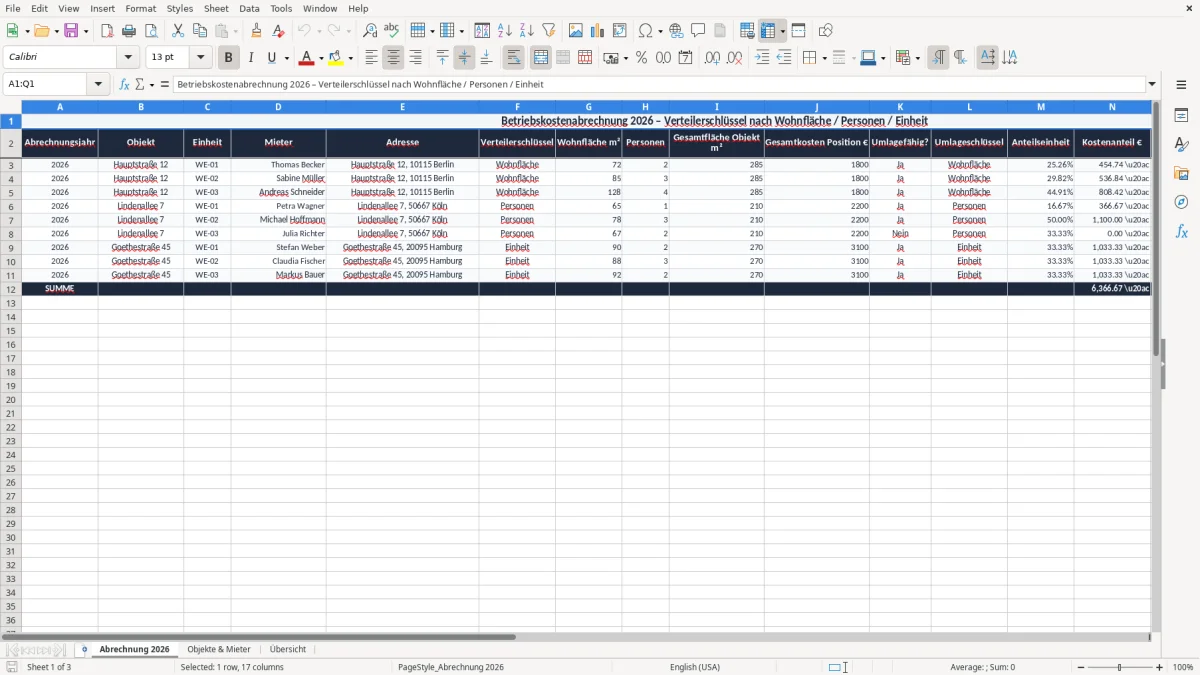 Screenshot 1: Blatt Abrechnung 2026 - Excel-Vorlage betriebskostenabrechnung verteilerschlüssel excel vorlage