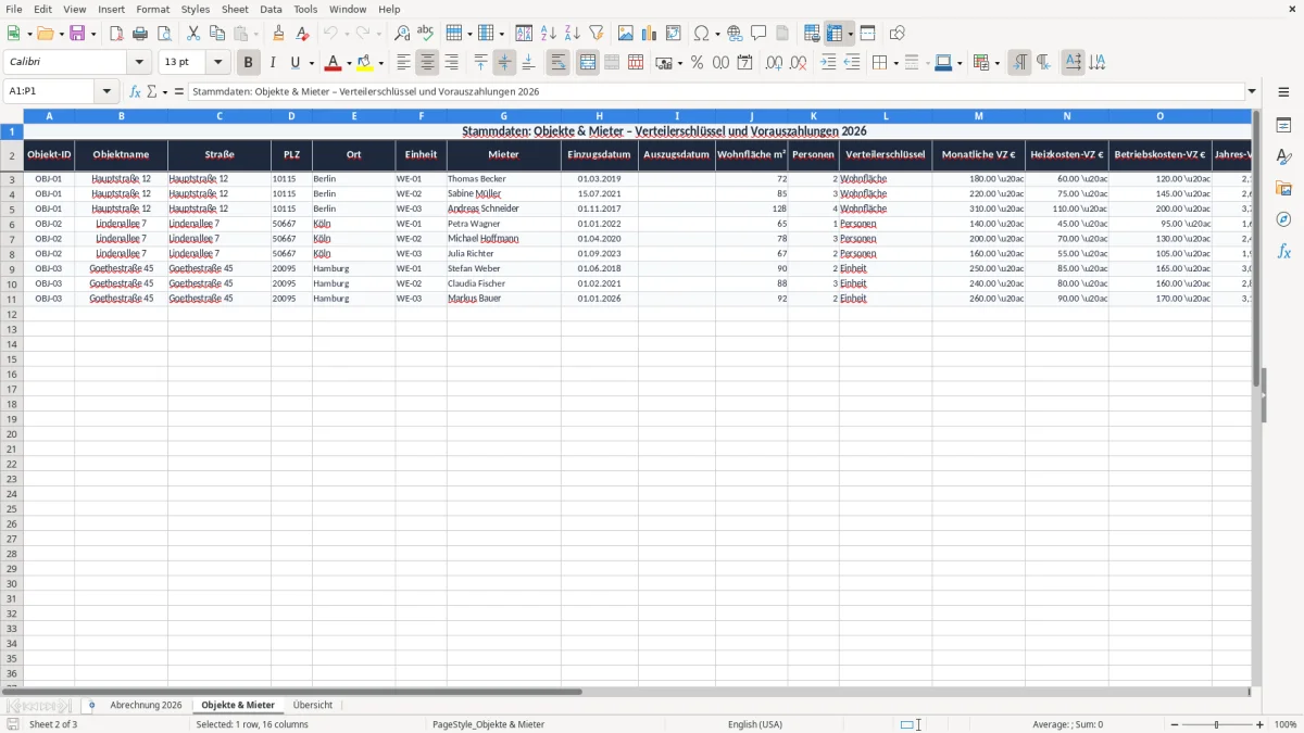 Screenshot 2: Blatt Objekte & Mieter - Excel-Vorlage betriebskostenabrechnung verteilerschlüssel excel vorlage