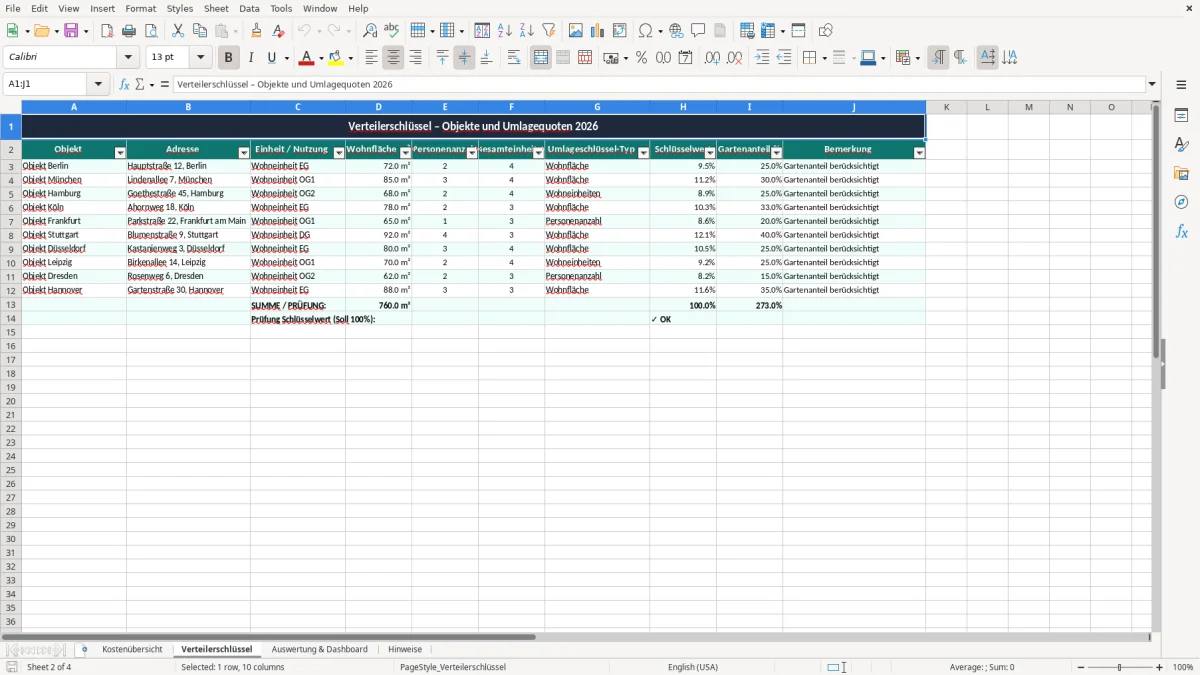 Skärmbild 2: fliken Verteilerschlüssel - Excelmall gartenpflege kosten umlage excel vorlage