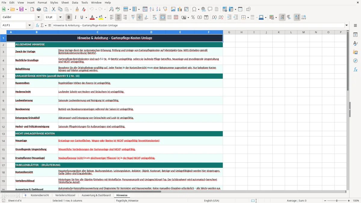 Skärmbild 4: fliken Hinweise - Excelmall gartenpflege kosten umlage excel vorlage