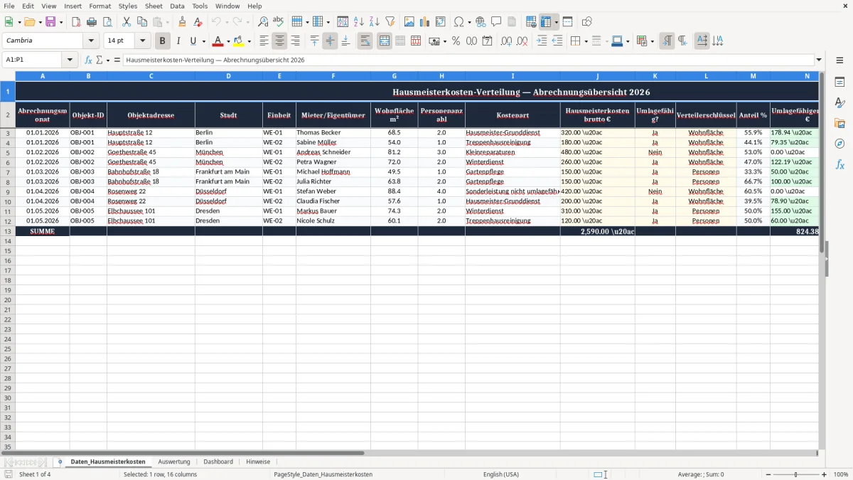 Skärmbild 1: fliken Daten_Hausmeisterkosten - Excelmall hausmeisterkosten verteilung excel vorlage