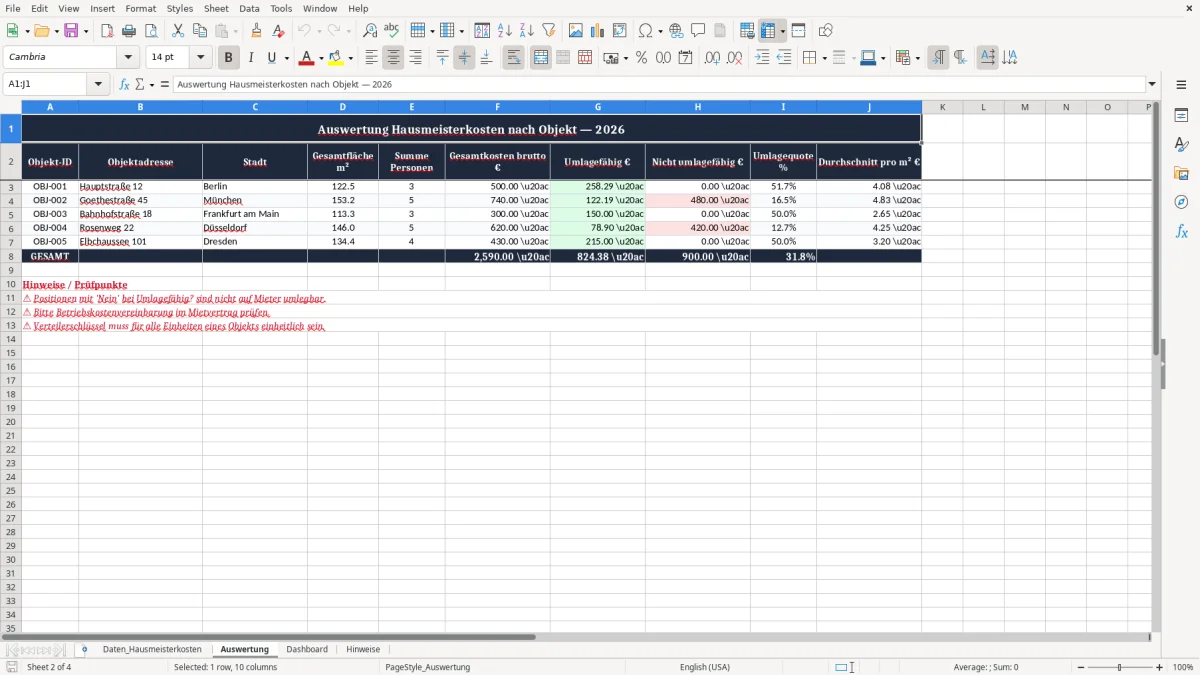 Skärmbild 2: fliken Auswertung - Excelmall hausmeisterkosten verteilung excel vorlage