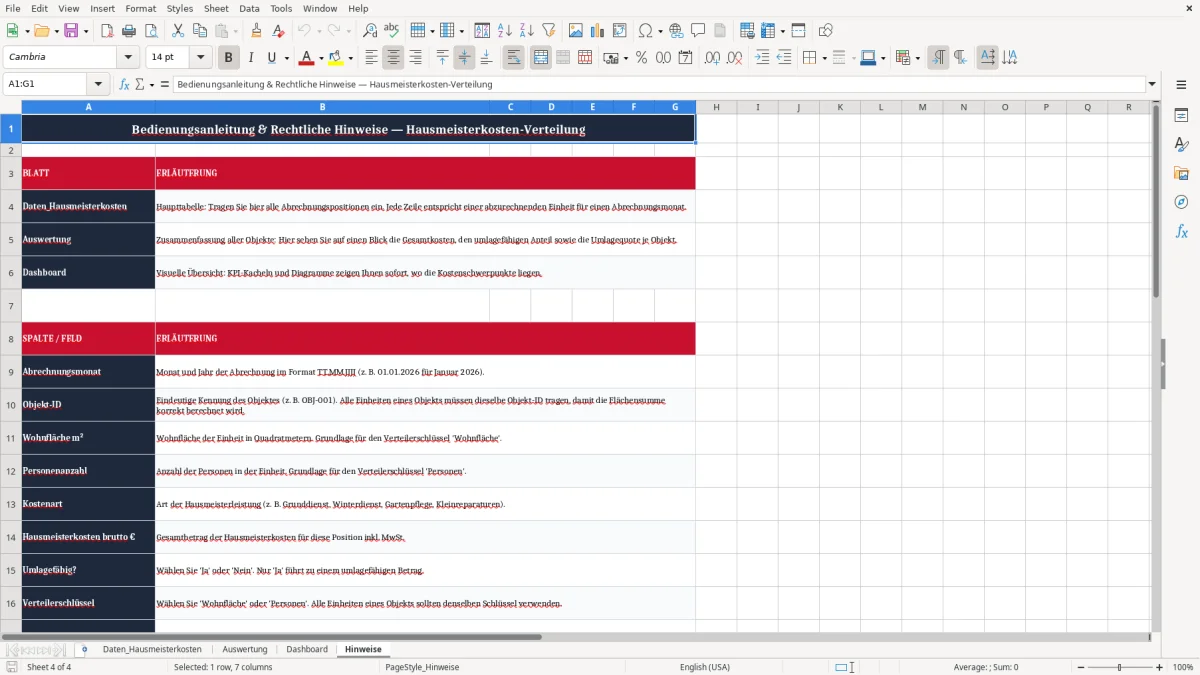 Skärmbild 4: fliken Hinweise - Excelmall hausmeisterkosten verteilung excel vorlage