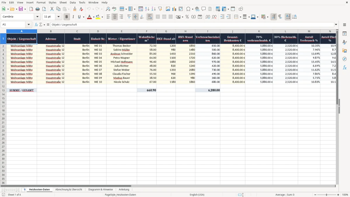 Screenshot 1: Blatt Heizkosten-Daten - Excel-Vorlage heizkostenverteilung 70 30 regel excel vorlage