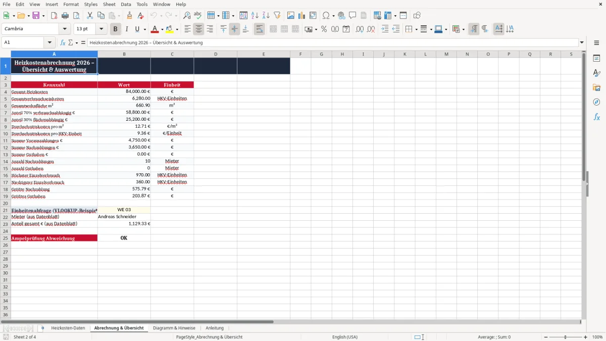 Screenshot 2: Blatt Abrechnung & Übersicht - Excel-Vorlage heizkostenverteilung 70 30 regel excel vorlage