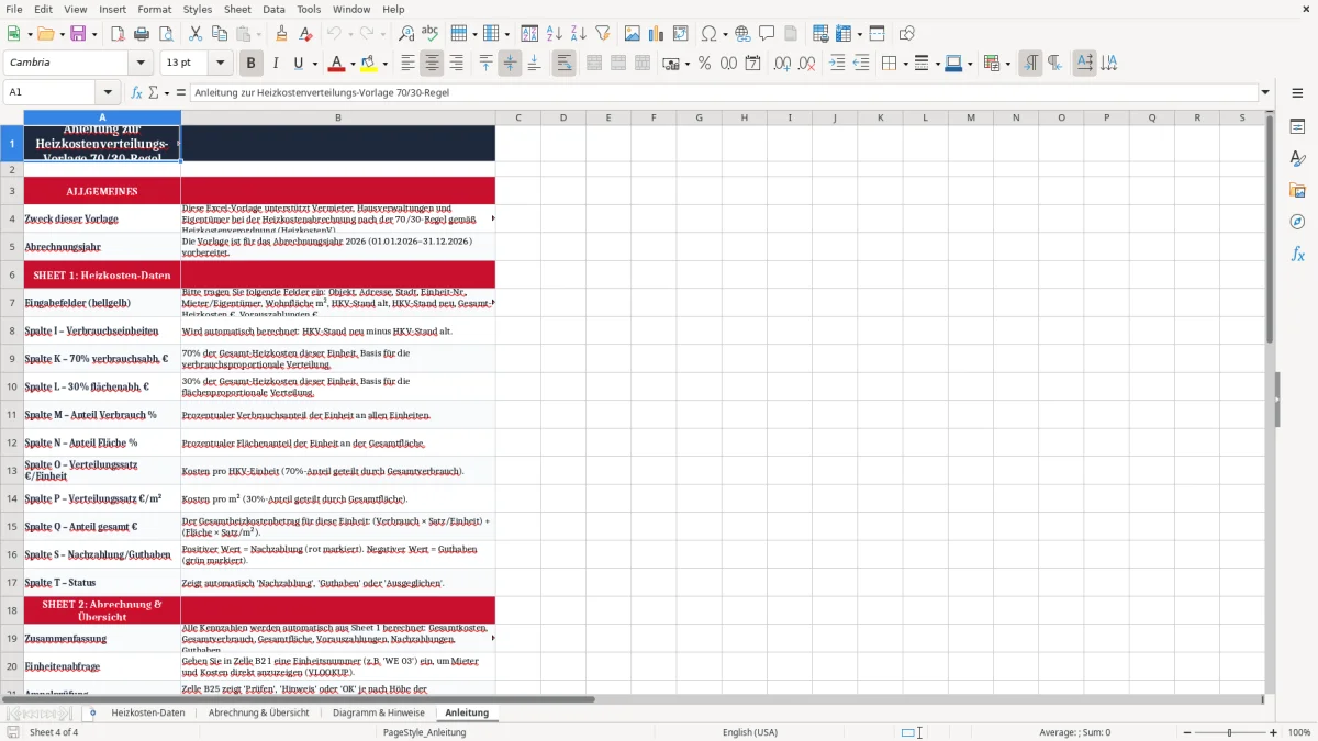 Screenshot 4: Blatt Anleitung - Excel-Vorlage heizkostenverteilung 70 30 regel excel vorlage