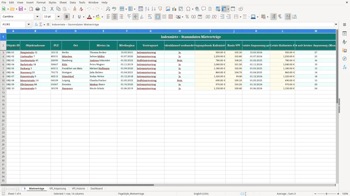 Skärmbild 1: fliken Mietverträge - Excelmall indexmiete vpi anpassung excel vorlage