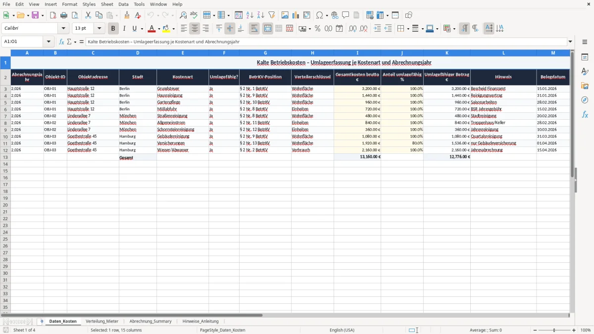 Screenshot 1: Blatt Daten_Kosten - Excel-Vorlage kalte betriebskosten umlage excel vorlage