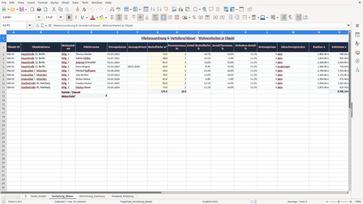 Screenshot 2: Blatt Verteilung_Mieter - Excel-Vorlage kalte betriebskosten umlage excel vorlage