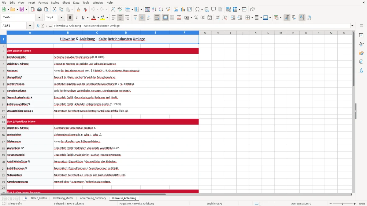 Screenshot 4: Blatt Hinweise_Anleitung - Excel-Vorlage kalte betriebskosten umlage excel vorlage