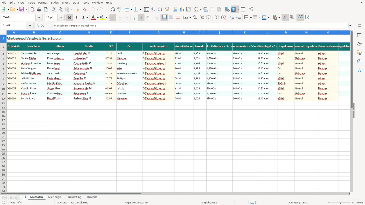 Skärmbild 1: fliken Mietdaten - Excelmall mietspiegel vergleich berechnung excel vorlage