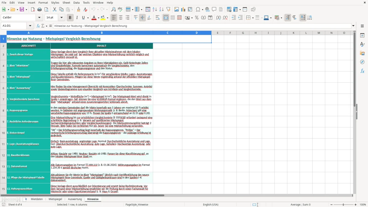 Skärmbild 4: fliken Hinweise - Excelmall mietspiegel vergleich berechnung excel vorlage