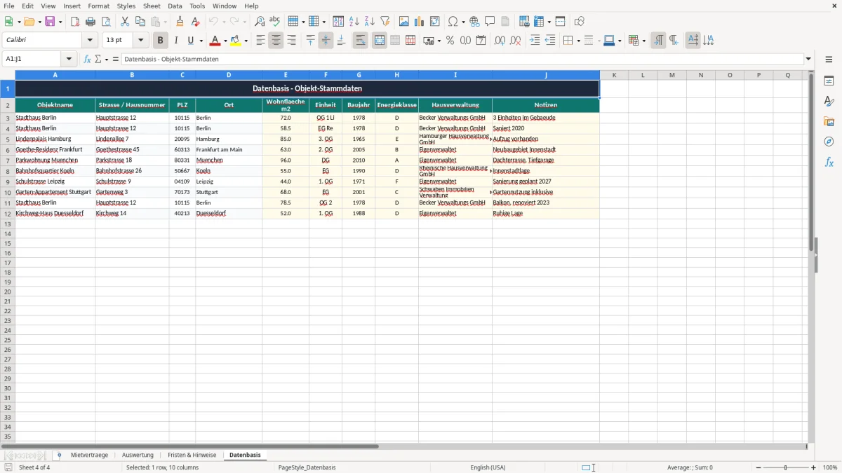 Skärmbild 4: fliken Datenbasis - Excelmall mietvertrag wohnraum übersicht excel vorlage
