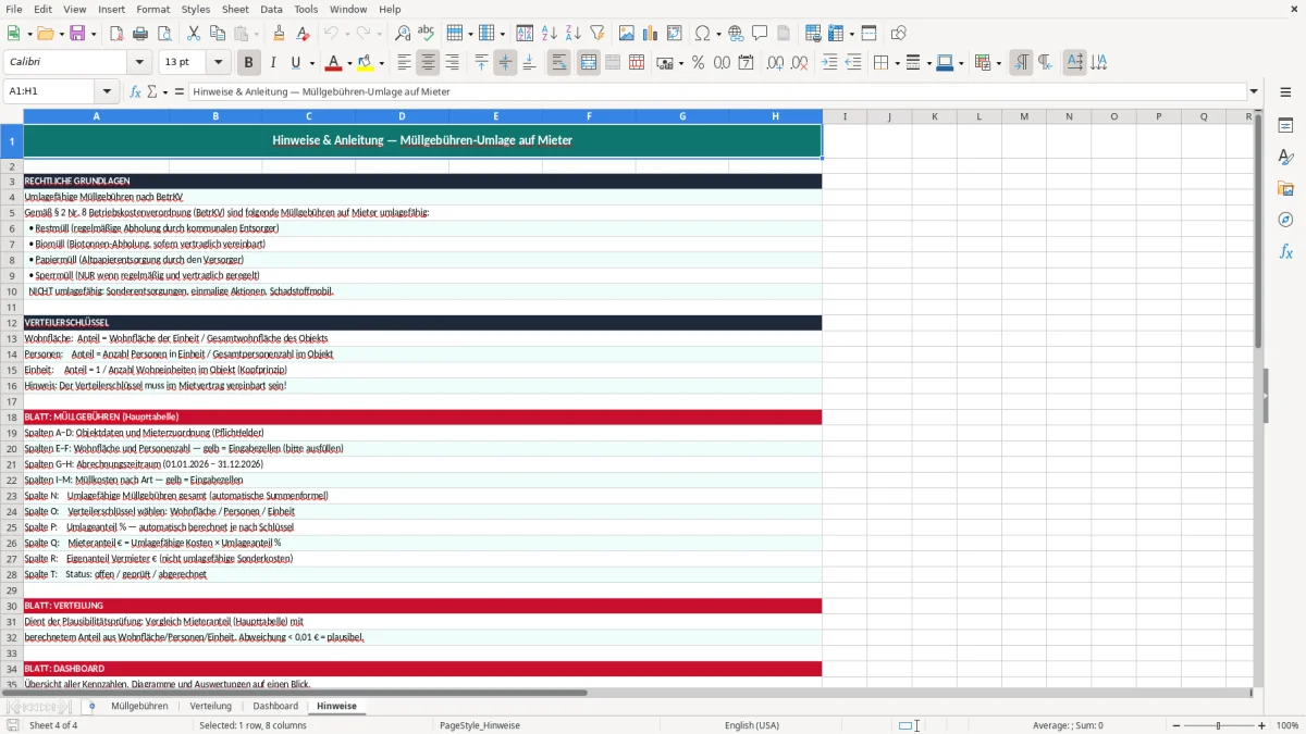 Skärmbild 4: fliken Hinweise - Excelmall müllgebühren umlage mieter excel vorlage