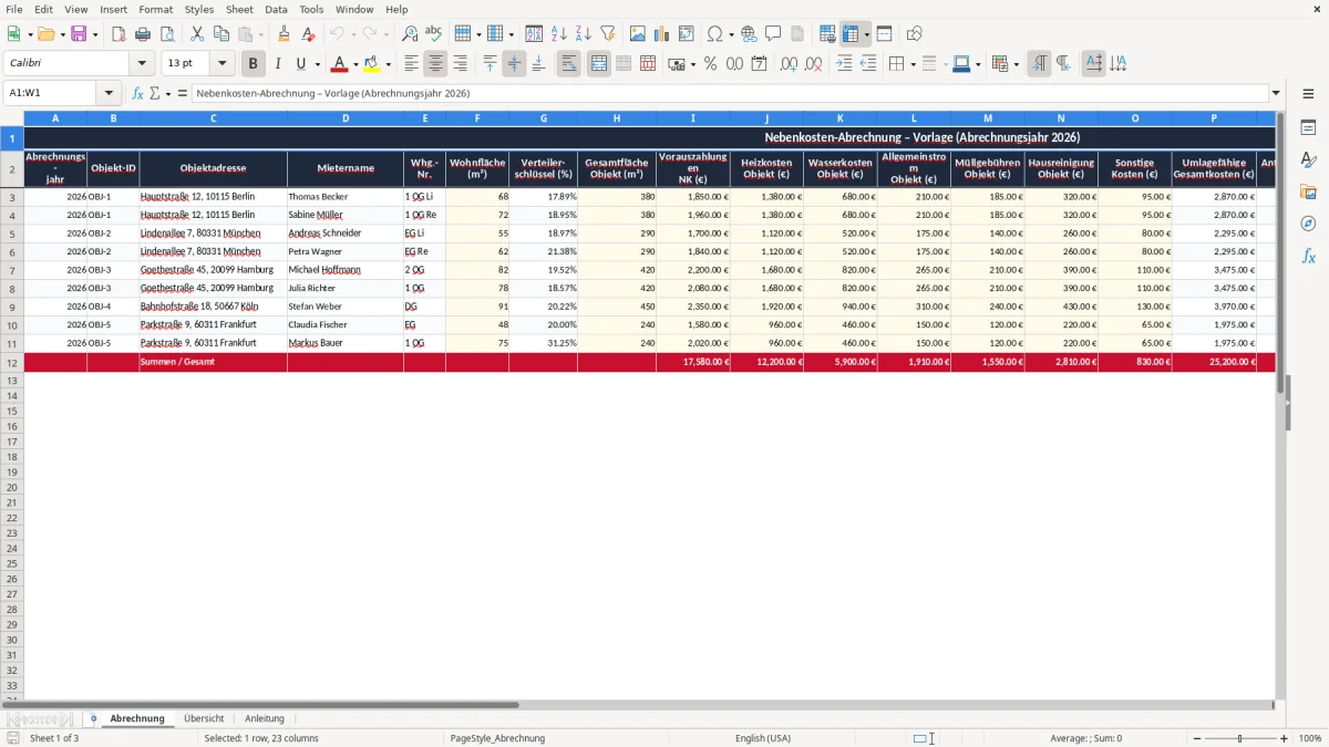 Skärmbild 1: fliken Abrechnung - Excelmall nebenkosten nachzahlung berechnung excel vorlage