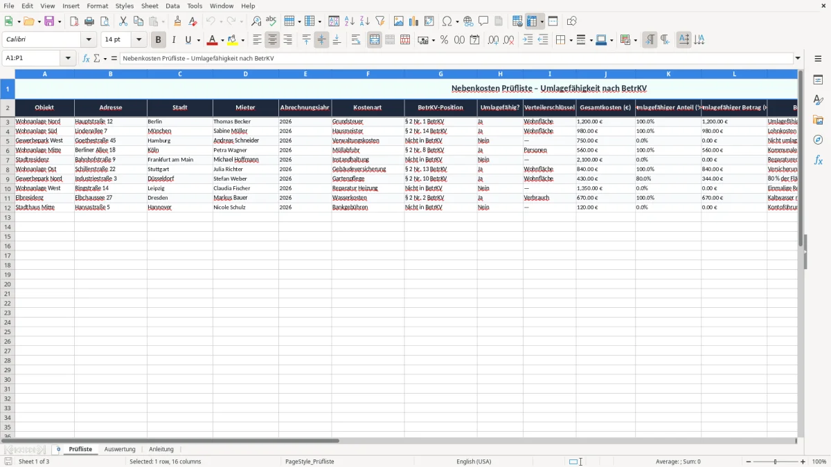 Screenshot 1: Blatt Prüfliste - Excel-Vorlage nebenkosten umlagefähig prüfliste excel vorlage