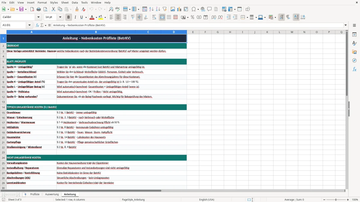 Screenshot 3: Blatt Anleitung - Excel-Vorlage nebenkosten umlagefähig prüfliste excel vorlage