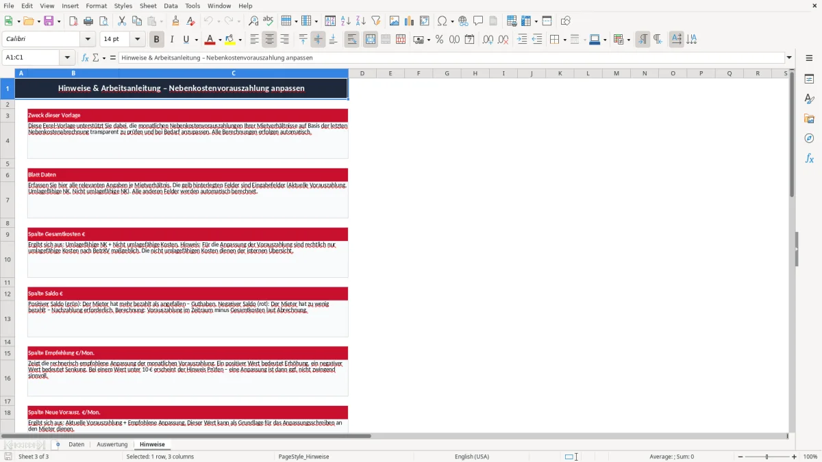 Screenshot 3: Blatt Hinweise - Excel-Vorlage nebenkostenvorauszahlung anpassung excel vorlage