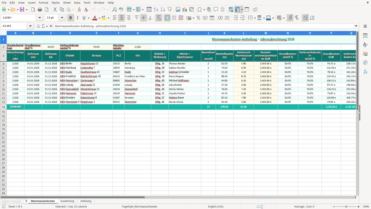 Screenshot 1: Blatt Warmwasserkosten - Excel-Vorlage warmwasserkosten aufteilung excel vorlage