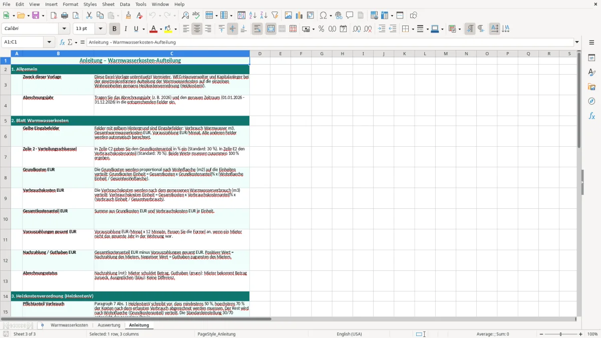 Screenshot 3: Blatt Anleitung - Excel-Vorlage warmwasserkosten aufteilung excel vorlage