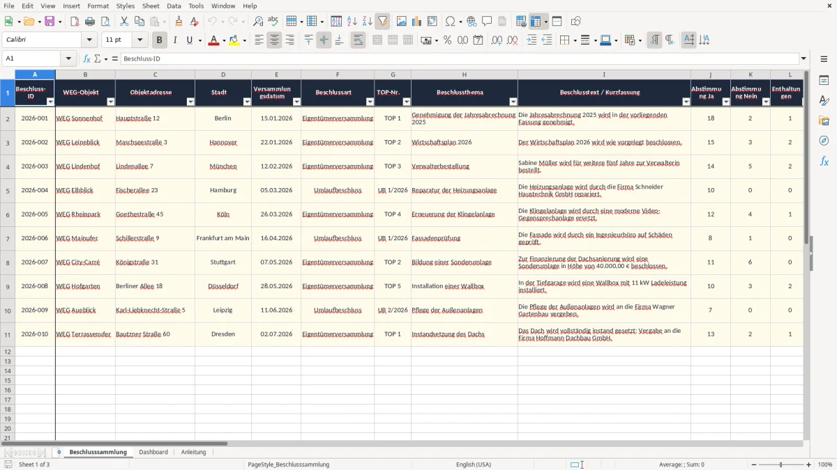 Screenshot 1: Blatt Beschlusssammlung - Excel-Vorlage beschlusssammlung weg führung excel vorlage