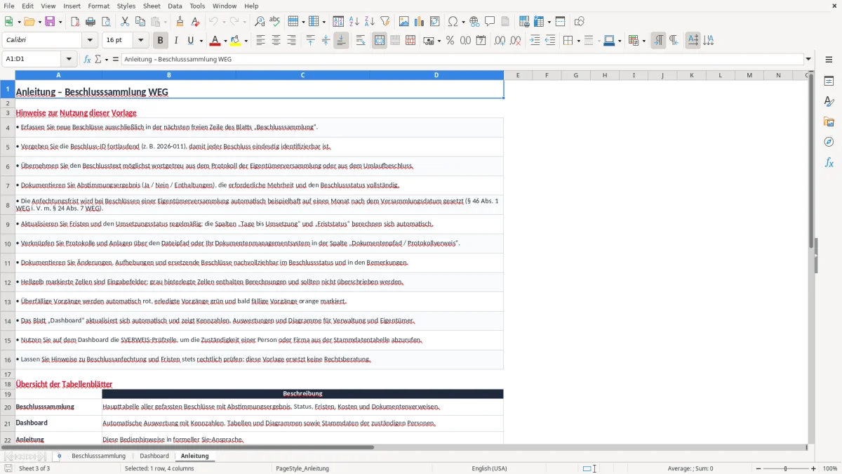 Screenshot 3: Blatt Anleitung - Excel-Vorlage beschlusssammlung weg führung excel vorlage