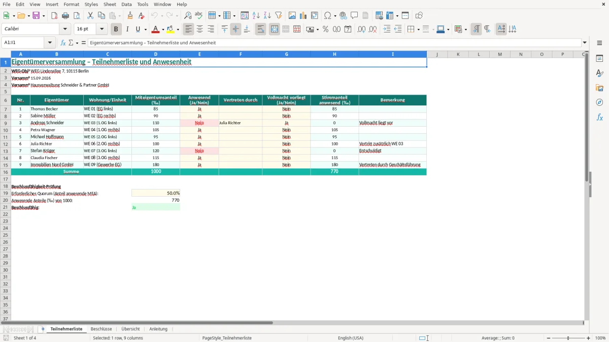 Screenshot 1: Blatt Teilnehmerliste - Excel-Vorlage eigentümerversammlung protokoll excel vorlage