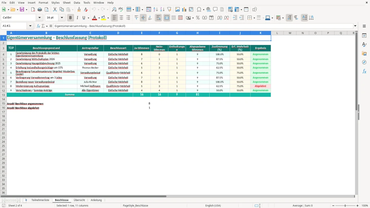 Screenshot 2: Blatt Beschlüsse - Excel-Vorlage eigentümerversammlung protokoll excel vorlage