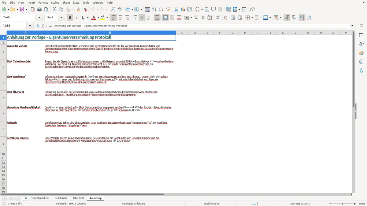 Screenshot 4: Blatt Anleitung - Excel-Vorlage eigentümerversammlung protokoll excel vorlage