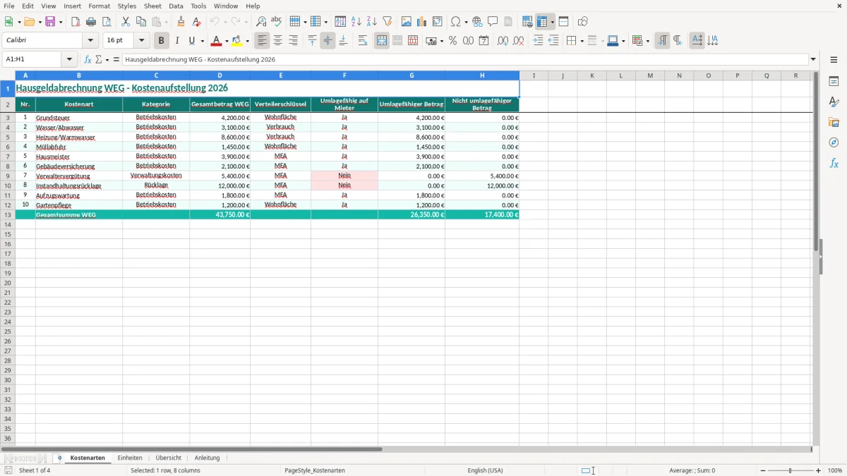 Screenshot 1: Blatt Kostenarten - Excel-Vorlage hausgeldabrechnung weg erstellung excel vorlage