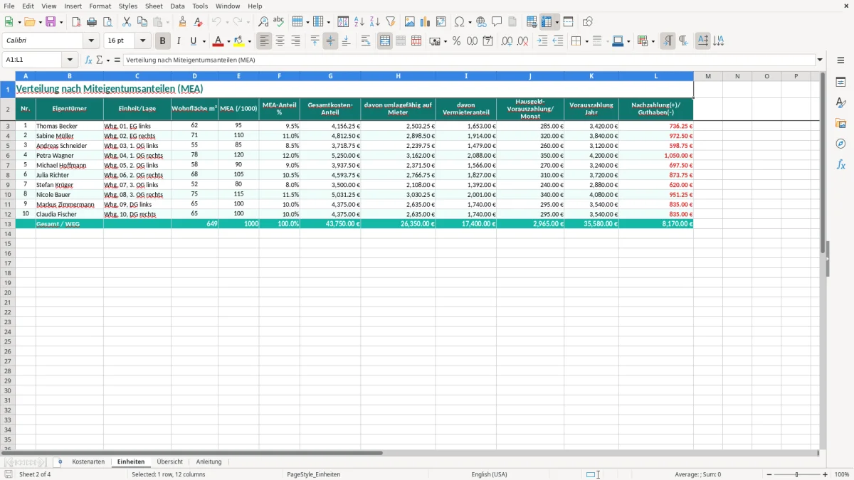 Screenshot 2: Blatt Einheiten - Excel-Vorlage hausgeldabrechnung weg erstellung excel vorlage