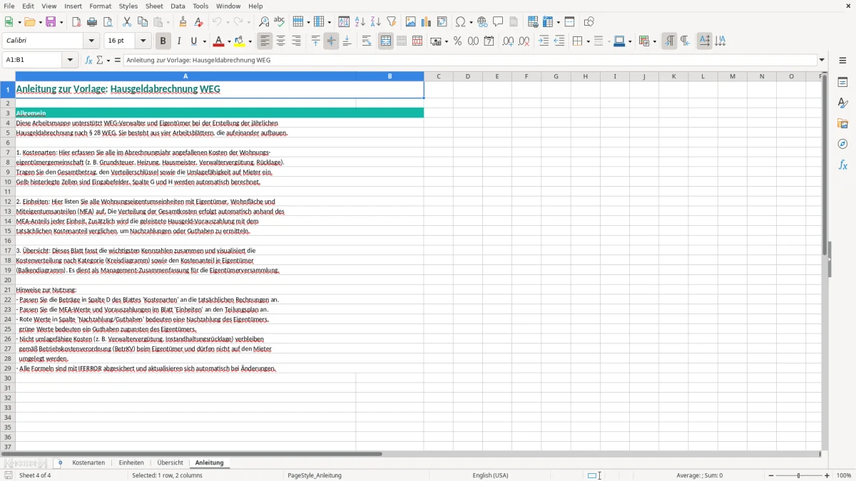 Screenshot 4: Blatt Anleitung - Excel-Vorlage hausgeldabrechnung weg erstellung excel vorlage