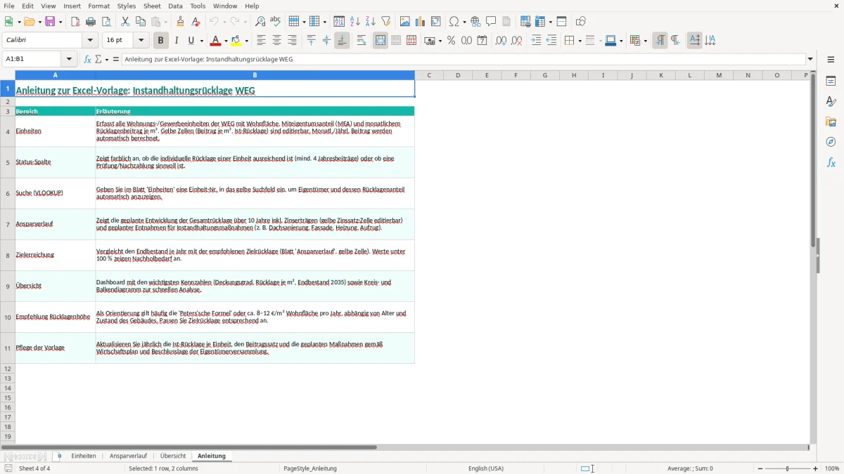 Screenshot 4: Blatt Anleitung - Excel-Vorlage instandhaltungsrücklage ansparung weg excel vorlage