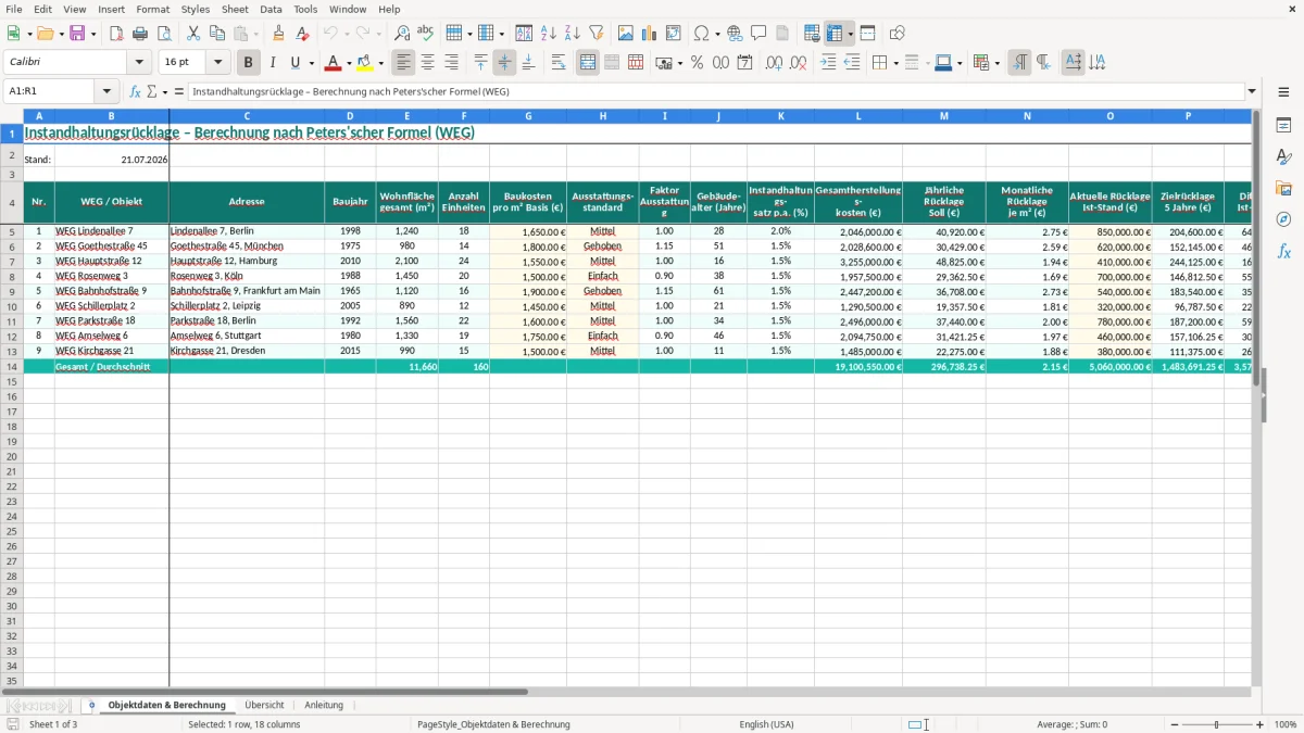 Screenshot 1: Blatt Objektdaten & Berechnung - Excel-Vorlage instandhaltungsrücklage berechnung excel vorlage