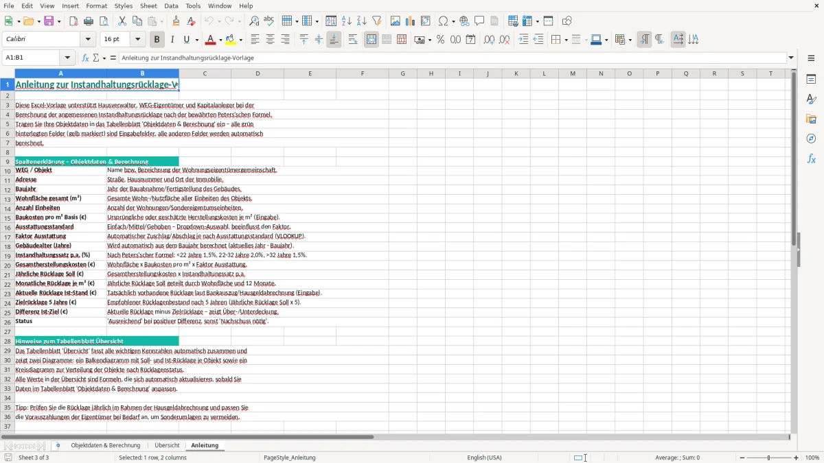 Screenshot 3: Blatt Anleitung - Excel-Vorlage instandhaltungsrücklage berechnung excel vorlage
