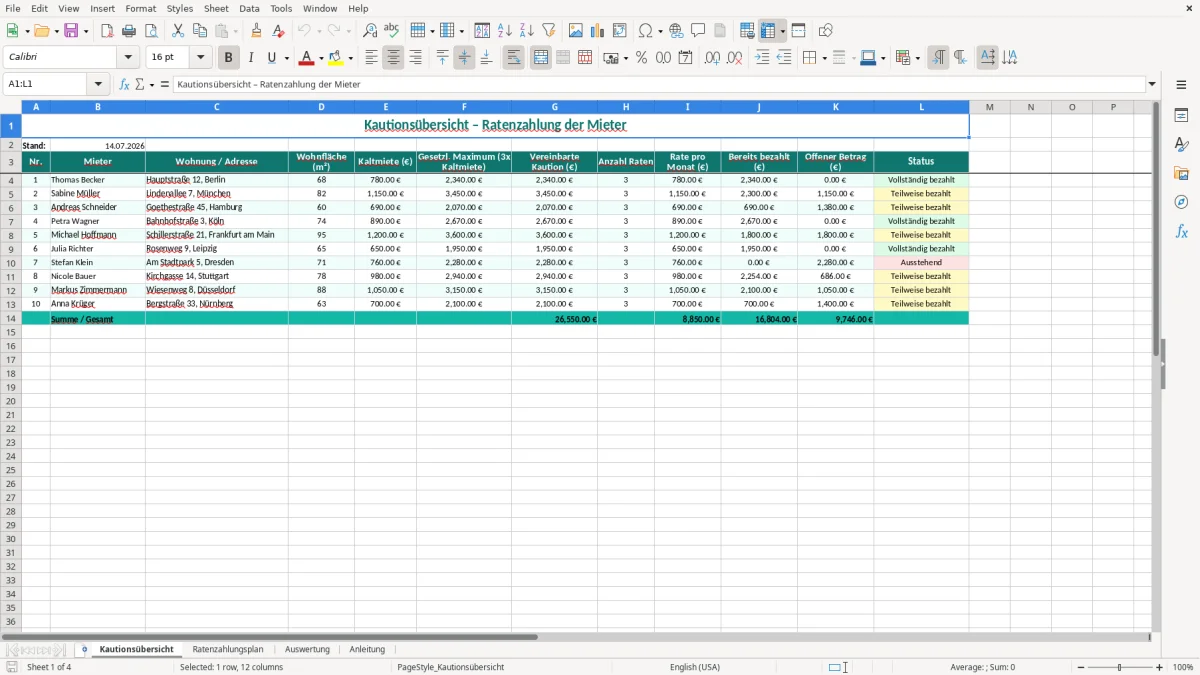 Screenshot 1: Blatt Kautionsübersicht - Excel-Vorlage kaution ratenzahlung mieter excel vorlage