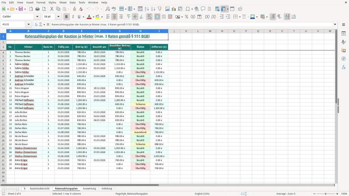 Screenshot 2: Blatt Ratenzahlungsplan - Excel-Vorlage kaution ratenzahlung mieter excel vorlage