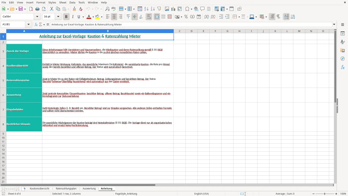 Screenshot 4: Blatt Anleitung - Excel-Vorlage kaution ratenzahlung mieter excel vorlage
