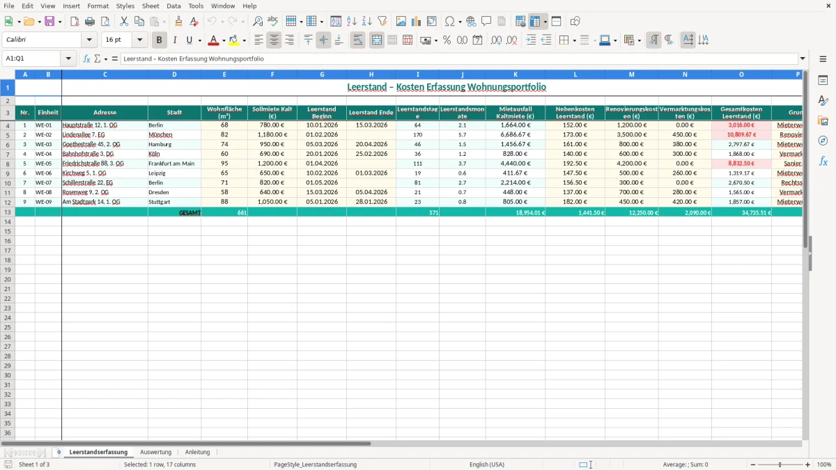 Screenshot 1: Blatt Leerstandserfassung - Excel-Vorlage leerstand kosten erfassung excel vorlage
