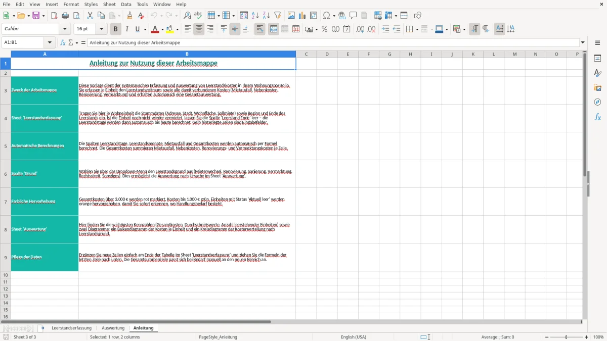 Screenshot 3: Blatt Anleitung - Excel-Vorlage leerstand kosten erfassung excel vorlage
