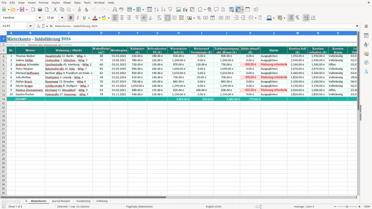 Screenshot 1: Blatt Mieterkonto - Excel-Vorlage mieterkonto saldo führung excel vorlage
