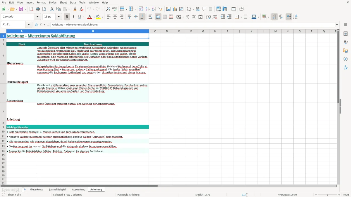 Screenshot 4: Blatt Anleitung - Excel-Vorlage mieterkonto saldo führung excel vorlage