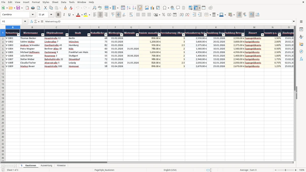 Screenshot 1: Blatt Kautionen - Excel-Vorlage mietkaution verzinsung anlage excel vorlage
