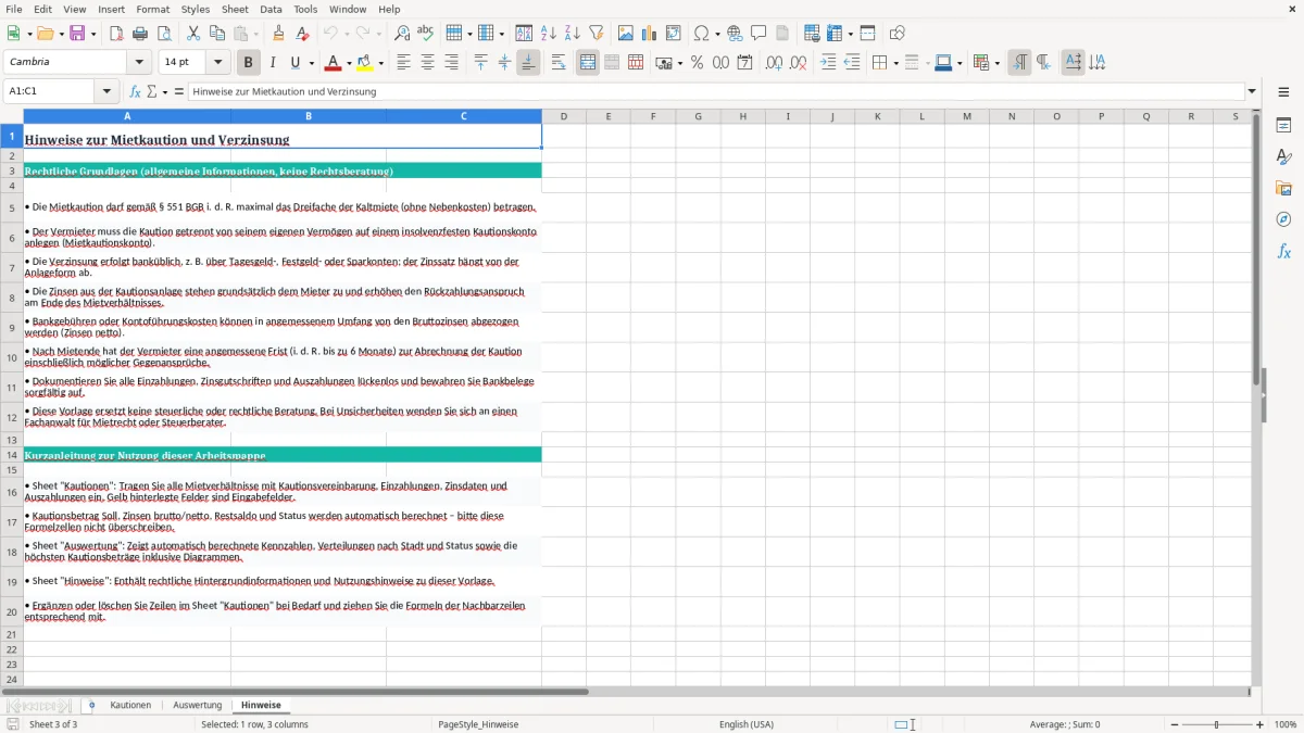 Screenshot 3: Blatt Hinweise - Excel-Vorlage mietkaution verzinsung anlage excel vorlage