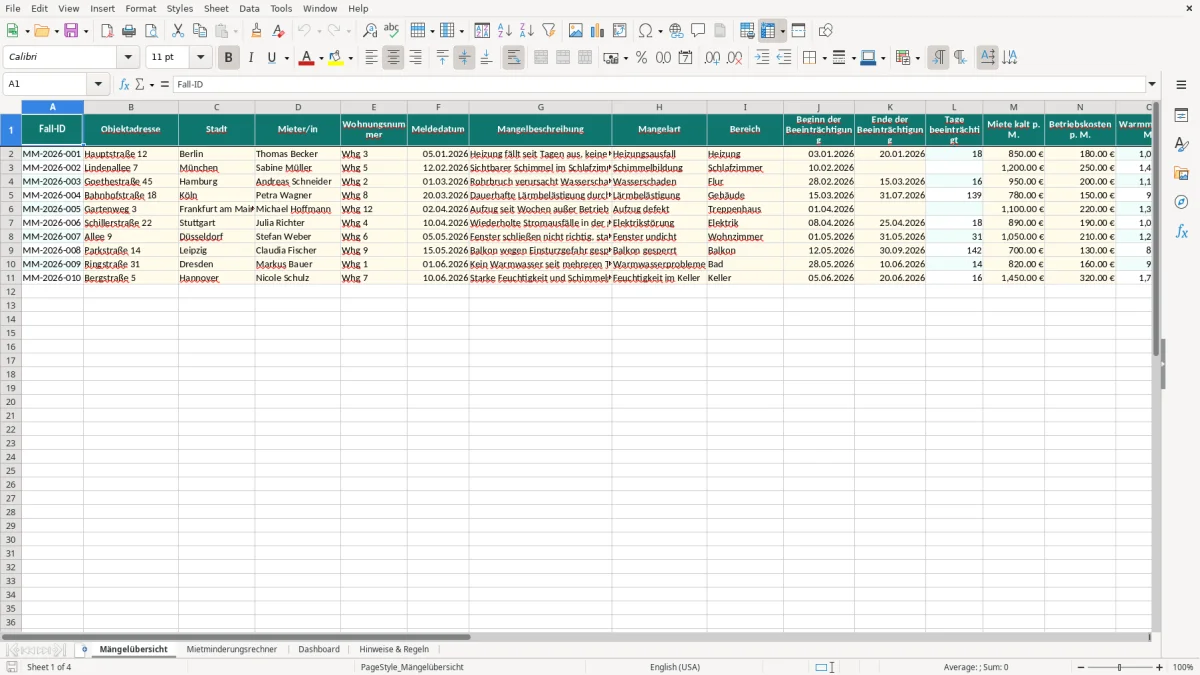 Screenshot 1: Blatt Mängelübersicht - Excel-Vorlage mietminderung berechnung mängel excel vorlage