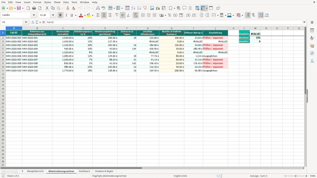 Screenshot 2: Blatt Mietminderungsrechner - Excel-Vorlage mietminderung berechnung mängel excel vorlage