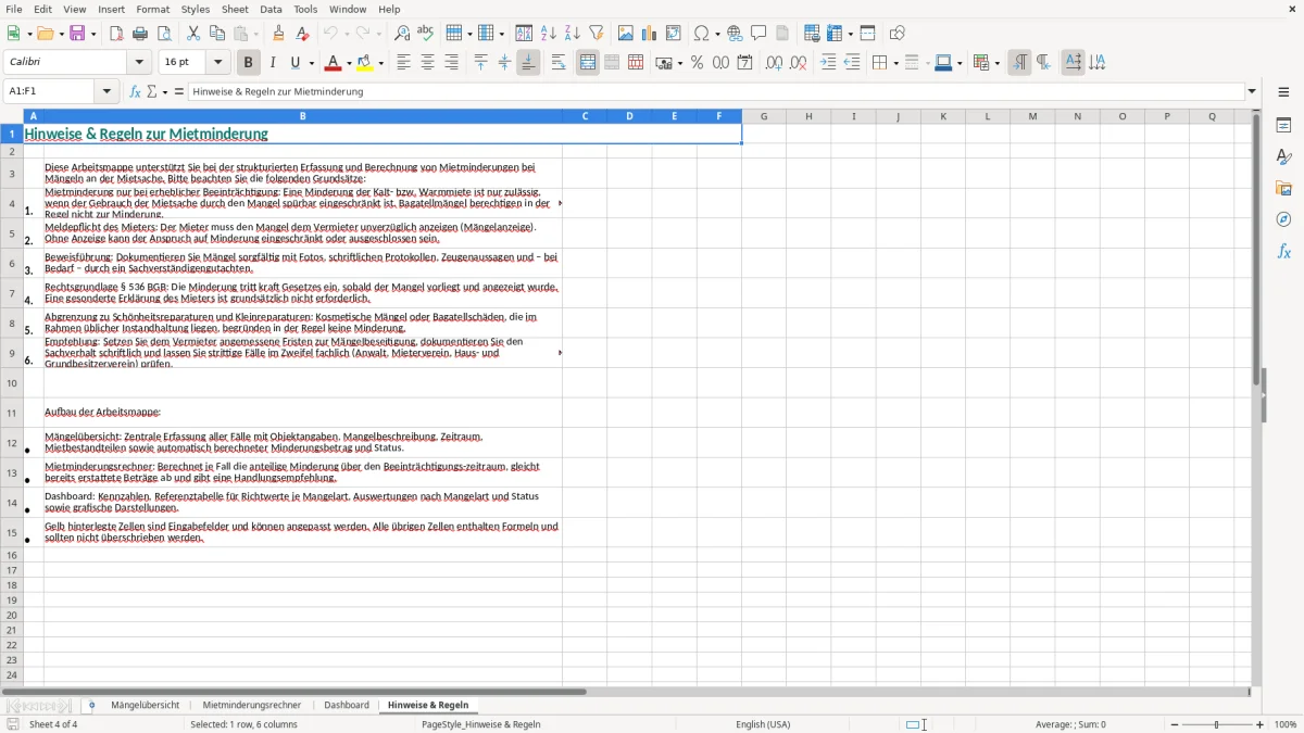 Screenshot 4: Blatt Hinweise & Regeln - Excel-Vorlage mietminderung berechnung mängel excel vorlage