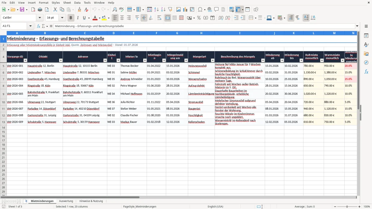 Screenshot 1: Blatt Mietminderungen - Excel-Vorlage mietminderung quote tabelle excel vorlage