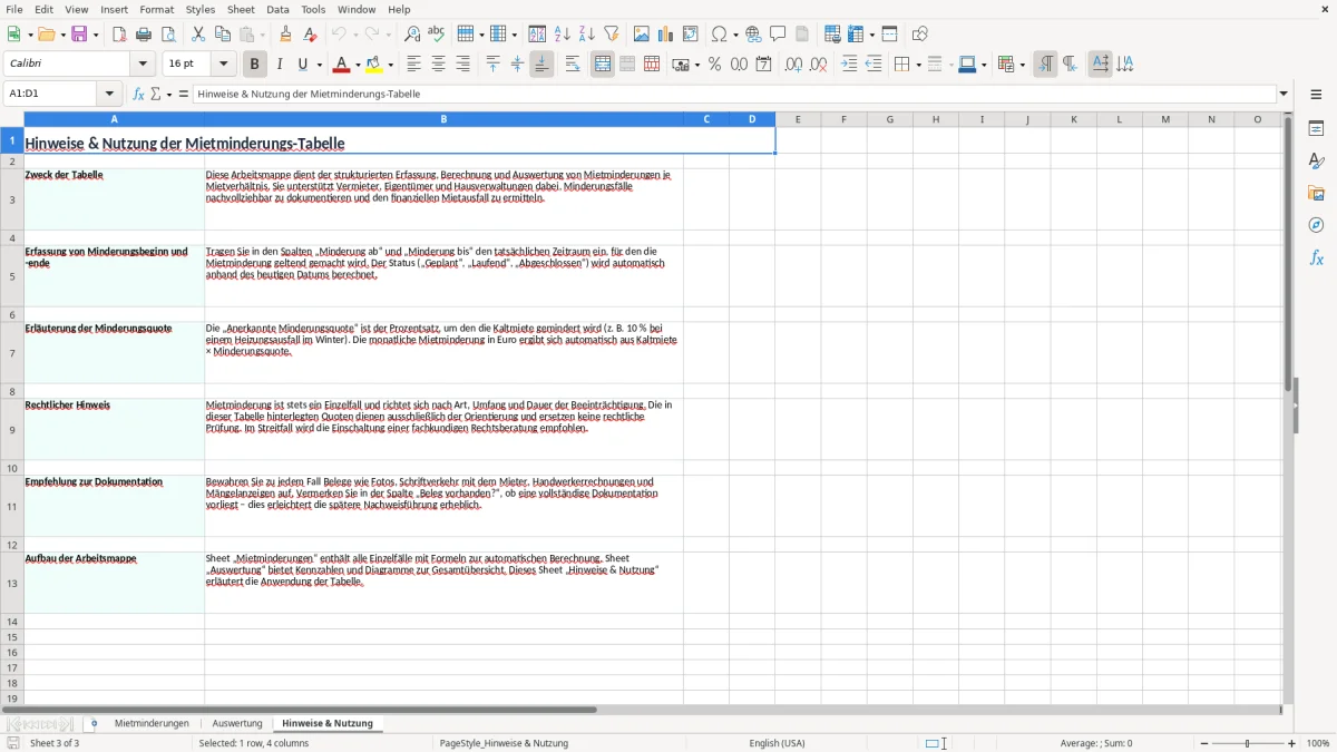 Screenshot 3: Blatt Hinweise & Nutzung - Excel-Vorlage mietminderung quote tabelle excel vorlage